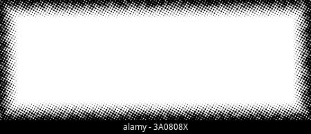 Halftone rectangle grain frame. Black comic dotted border. Pop art fading gradient frame backdrop. Black and white grunge abstract framing background. Dot textured graphic design wallpaper. Vector Stock Vector
