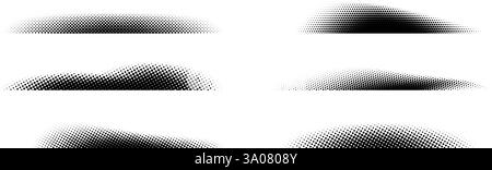 Halftone shadow set. Black dotted gradient stripe collection. Horizontal pixelated grain line patterns. Half tone textured shade pack for divide and separate. Vector noise dots and particles strips Stock Vector