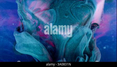 Vapor flow. Paint swirl. Turquoise pigment dripping in violet water pink neon cube. Abstract blur ink sparkling mix color dye background. Stock Photo