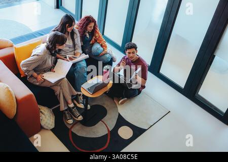 Diverse group of students engaged in an informal study session in a library, collaborating and sharing ideas while working collectively in a cozy seat Stock Photo