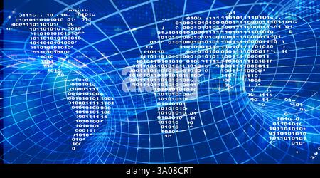 Horizontal futuristic background with mesh tunnel, map of the world from a binary code and abstract circuit board. Global communication, cyber technol Stock Photo