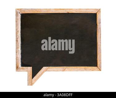 Comic speech bubble shaped advertising billboard with chalkboard and wooden frame. Cafe menu or pointer board for writing information. Isolated on whi Stock Photo