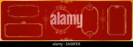 Asian golden frames set isolated on red background. Vector realistic illustration of elegant yellow round and rectangular borders, Chinese style design elements for New Year card, poster or banner Stock Vector