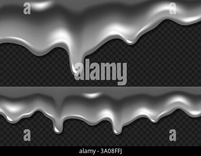 Liquid silver drips on transparent background - metallic molten drops and blobs with shadows. Trendy decorative element or overlay for graphic design. Realistic glossy metal shiny fluid splashes. Stock Vector