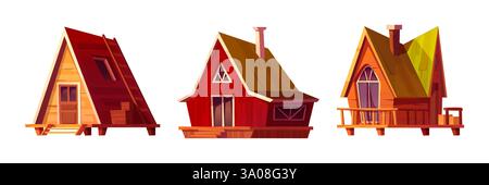 Wooden log houses set isolated on white background. Vector cartoon illustration of mountain glamping chalet, forest camp hut, village cottage with patio, stairs, glass doors, windows, chimney on roof Stock Vector