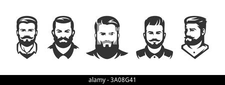 Brutal man with beard and mustache portrait barbershop icon set vector illustration. Barber shop male strong portrait hipster fashion hairstyle coiffu Stock Vector
