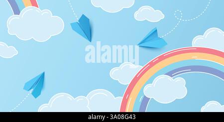 3D paper planes fly through cartoon clouds and rainbow on blue sky background. Vector illustration for travel, dream or imagination concept. Origami airplanes soar in colorful minimalistic design. Stock Vector