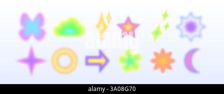 Colorful y2k shape collection with blurred neon aesthetic. Vibrant gradient symbols - stars and flowers, arrows and diamonds, crescents on light background. Dreamy fuzzy icons for nostalgic design. Stock Vector