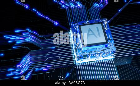 AI chip on illuminated motherboard, high-tech processor for artificial intelligence, digital computing, neural network technology, glowing circuits, m Stock Photo