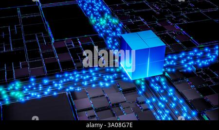 Advanced quantum processor futuristic 3D rendering digital computing, AI innovation glowing cube sci-fi circuits high-tech microchip nanotechnology da Stock Photo