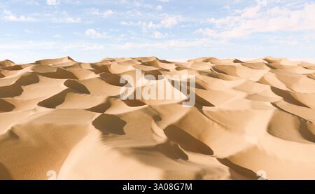 Endless sand dunes. arid desert with golden colors and soft curves shaped by wind under bright sunlight creating shadows and contrast in remote wilder Stock Photo