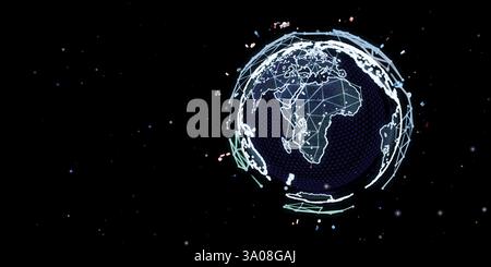 Futuristic 3D Earth hologram floating in deep black space, glowing wireframe continents, digital network connections, abstract technology design, cybe Stock Photo