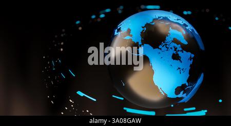 Earth image, dark background, world map, bright blue landmasses, digital news banner, futuristic splash, isolated sphere, glossy globe, space setting, Stock Photo