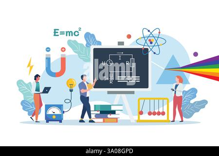 Science lab and school class. Physics scene with miniature people. Students explore electricity, magnetism, light wave and forces. Stock Vector