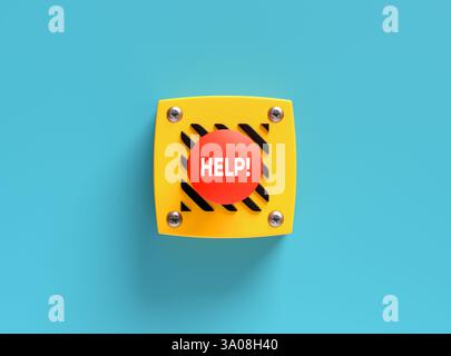 Red help button on a yellow background symbolizes support and safety, offering a solution in times of need. 3d render. Stock Photo