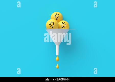 Converting ideas into profitable solutions. Transforming ideas into practice. White funnel converting yellow light bulbs into yellow drops on a blue b Stock Photo