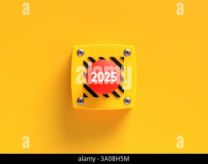 Red button showing year 2025, concept for a new year starting or deadline arriving. 3d render. Stock Photo