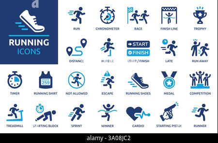 Running icon set. Running sport icon elements. Containing runner, race, finish line, treadmill and timer chronometer icons. Vector illustration. Stock Vector