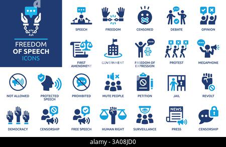 Freedom of speech icon set. Free speech message symbol concept. Democracy, censorship, press, human right icons. Solid icon collection. Stock Vector