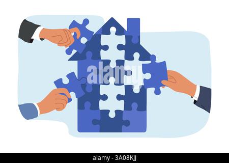Hands of investors using reid investments to buy real estate and assembling house from puzzle Stock Vector