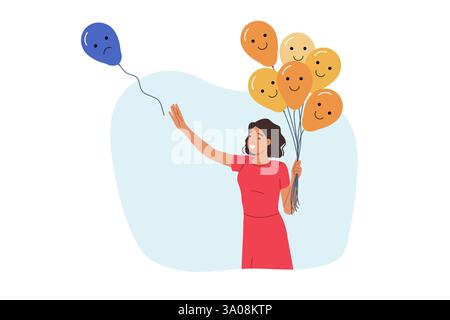 Woman releasing negative emotions in form of balloon with sad grimace, for care of mental wellbeing Stock Vector