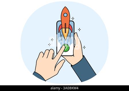Hands with phone with rocket symbolizing fast internet and high-quality network for using mobile apps. Smartphone with high-speed internet for surfing websites and watching videos on video hosting Stock Vector