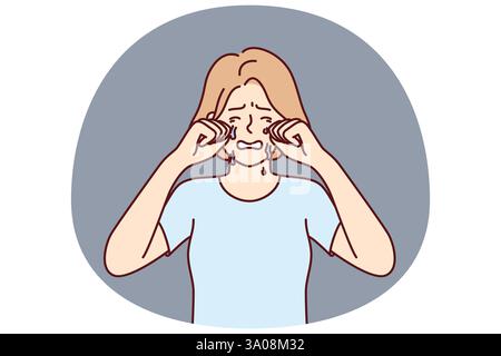 Crying woman wipes tears with hands because of breakup with boyfriend or depression caused by career problems. Crying girl needs help from psychologist or friends to deal with mental illness Stock Vector