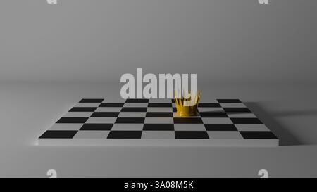3D model of chessboard and golden crown lies on the board on white background in the dark, game, chess Stock Photo