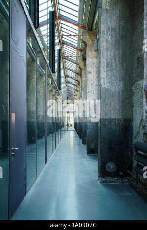 Long empty narrow corridor in university Stock Photo