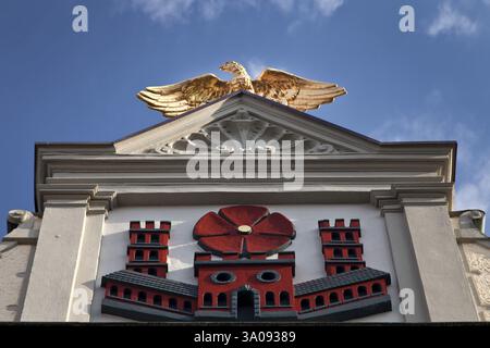 The city coat of arms on the town hall in Lippstadt, North Rhine-Westphalia, Germany, Europe Stock Photo