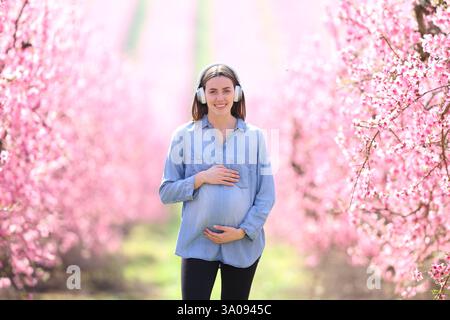 Front view of a happy pregnant woman with headphone looking at camera in a field Stock Photo
