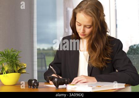 Boss boss junior boss at desk, woman 20, years, office, office work, student Stock Photo