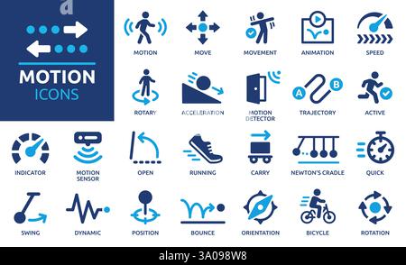 Motion icon set. Containing movement, animation, speed, swing, dynamic, position, acceleration, rotation, bounce, motion sensor. Solid icon collection Stock Vector