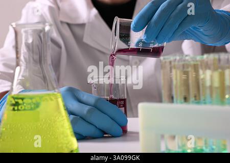 Scientist wearing lab coat and gloves pouring purple chemical liquid in laboratory glassware during experiment. Stock Photo