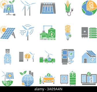 Renewable Energy flat icons set. Vector isolated element. Editable stroke. Stock Vector