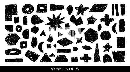 Set of abstract geometric basic shapes drawn with pastel black color or charcoal. Hand drawn paint quote frame collection. Empty monochrome speech Stock Vector