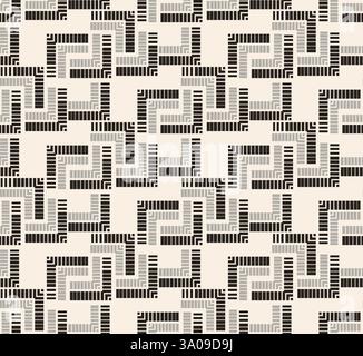 Black grey labyrinth seamless pattern on beige background. Geometric different corner shapes pattern for textile, wrapping, banner. Stock Vector