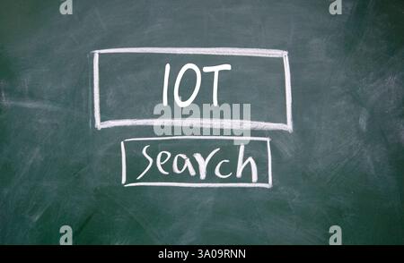 IOT word drawn by white chalk on green blackboard, search bar concept design Stock Photo