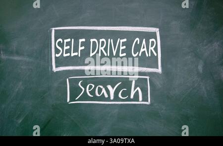 Hand drawn SELF DRIVE CAR and SEARCH box on green chalkboard Stock Photo