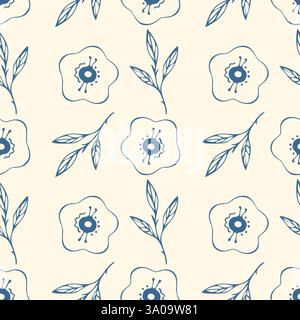 Pattern of doodle flowers and branches, hand-drawn contour stylized flowers, on beige background. For textiles, packaging, wallpaper, backdrops. Vecto Stock Vector