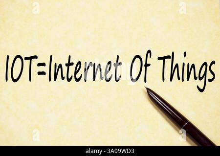 Handwritten definition IOT=Internet Of Things on vintage parchment paper Stock Photo