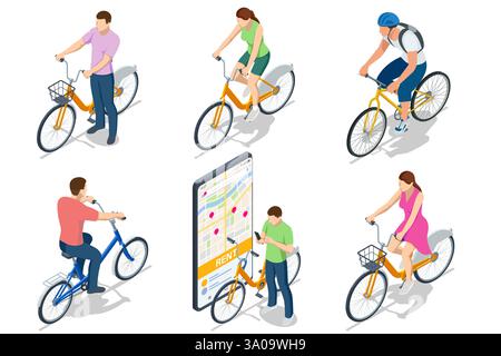 An isometric vector scene showing multiple people with bicycles and a large smartphone map, illustrating bike rental and sharing in a modern 3D style. Stock Vector