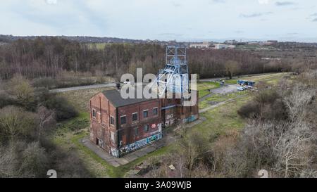 An aerial view of Barnsley Main Colliery pit head and winding gear on ...