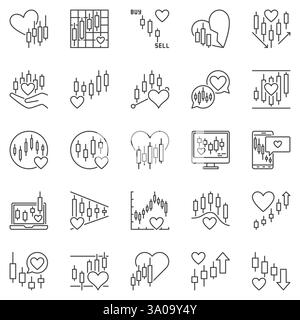 Heart with Candlestick Chart outline icons set - Investment and Trading financial thin line concept symbols Stock Vector