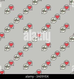 Red Heart and Candlestick Chart in Speech Bubbles vector Expressing Dedication to Markets concept colored seamless pattern Stock Vector