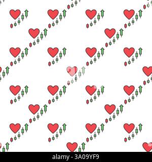 Big Red Heart with Market Chart Patterns vector Economic Insights concept thin line seamless pattern Stock Vector