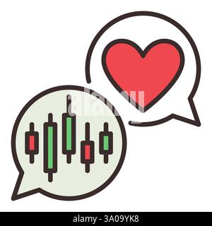 Red Heart and Candlestick Chart in Speech Bubbles vector Expressing Dedication to Markets concept colored icon or symbol Stock Vector