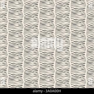Black wavy uneven lines seamless patterns on beige background. Geometric thin lines pattern for textile, wrapping, banner. Stock Vector