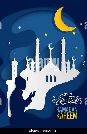 Ramadan kareem, Eid Mubarak, Eid Al Fitr greeting card, background, illustration with arabic lanterns and calligraphy, on starry background with cloud Stock Vector