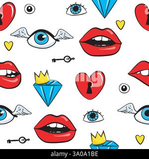 Fashion patch badges with lips, seyes, diamonds and other elements seamless pattern. Vector background with stickers. Stock Vector